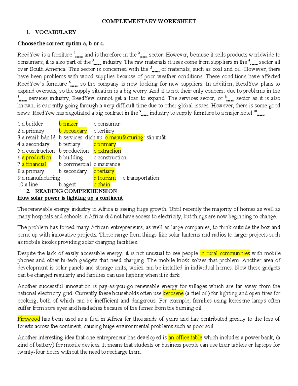 Complementary Worksheet - COMPLEMENTARY WORKSHEET 1. VOCABULARY Choose ...