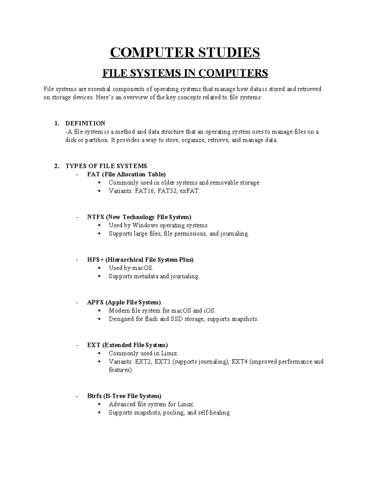 COMP 101: Overview of File Systems in Computers and Their Types - Studocu