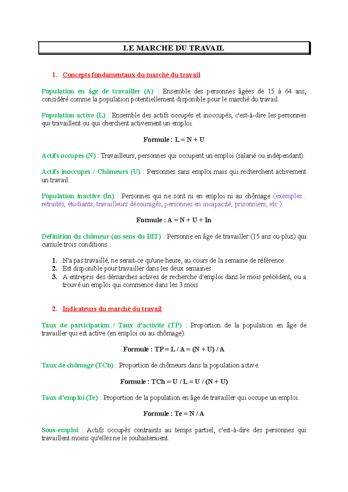 LE MARCHE DU TRAVAIL 1 : Concepts et Indicateurs Essentiels - Studocu
