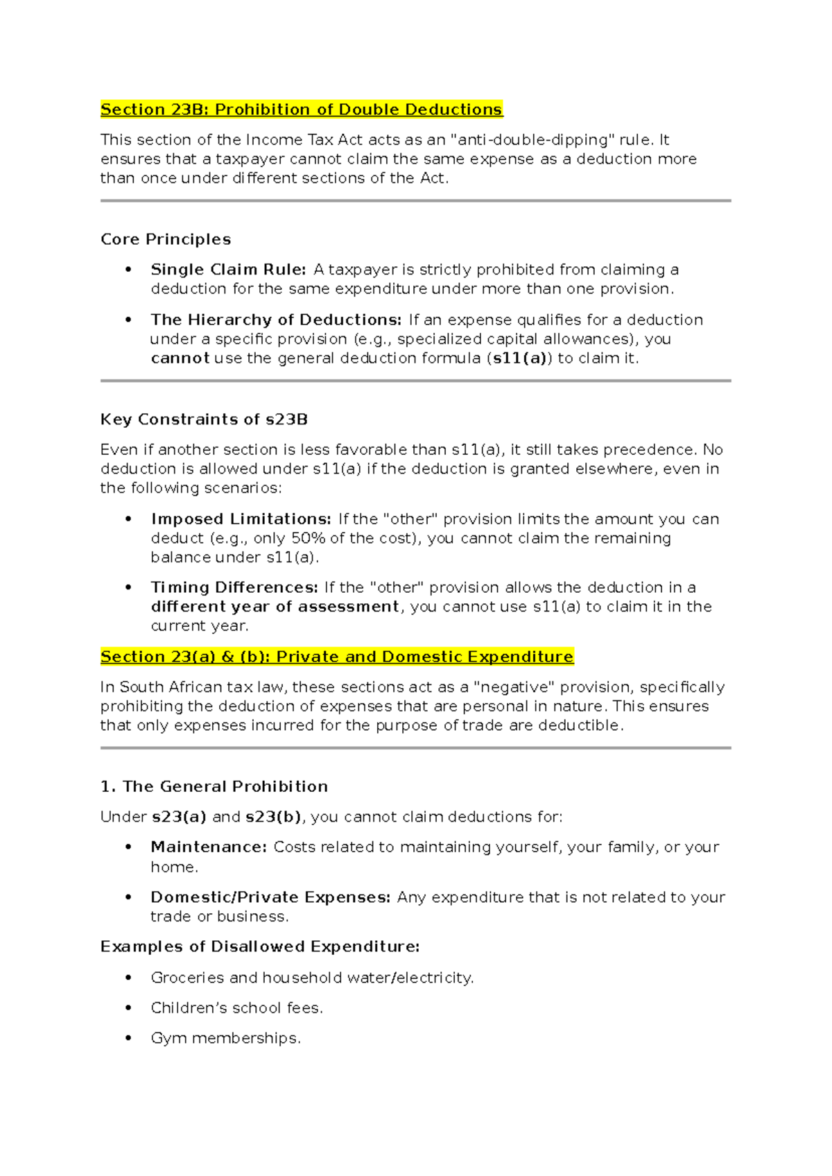 Prohibitions in Tax Law: Section 23 Overview and Key Rules - Studocu