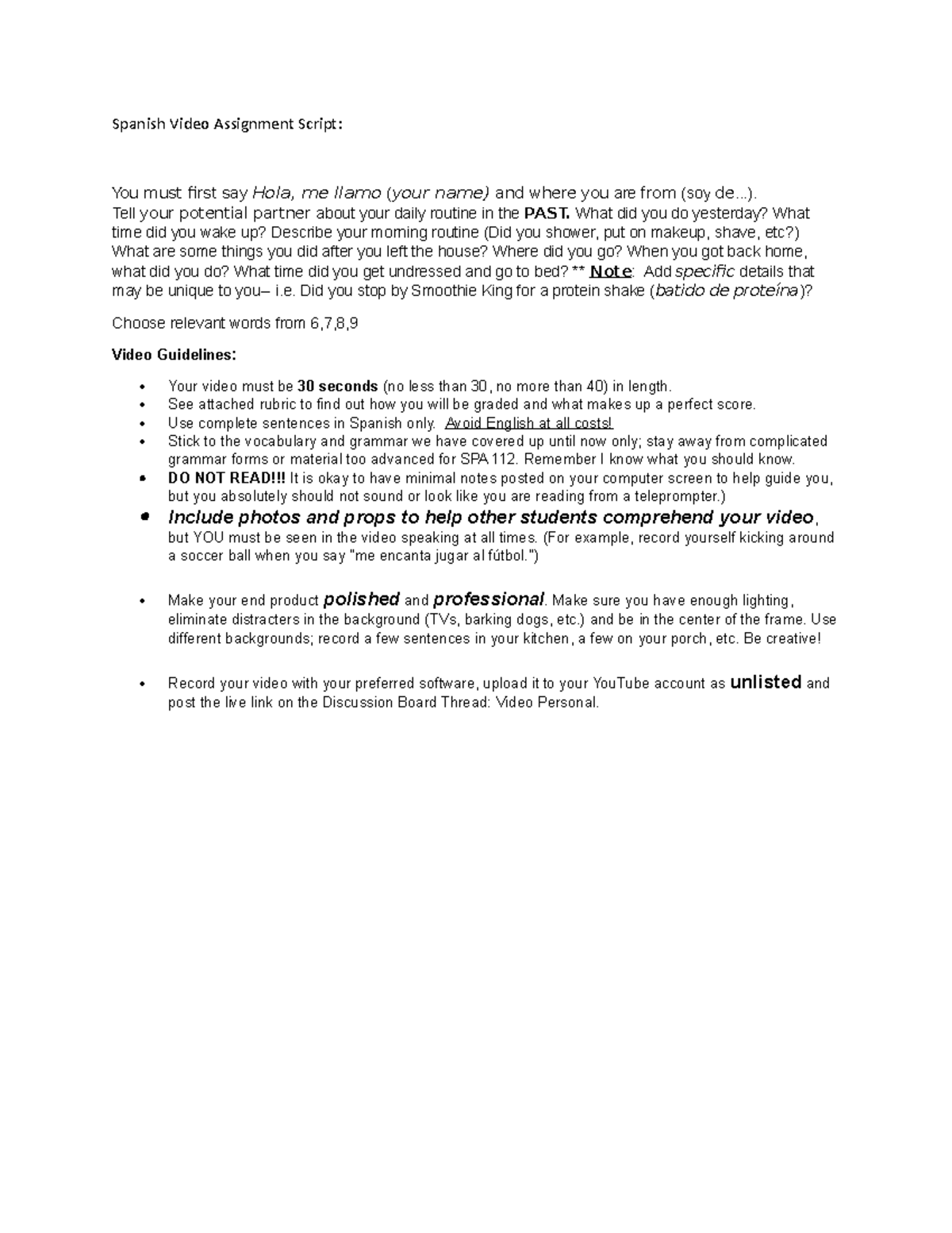 SPA 112 Spanish Video Assignment Script Guidelines and Tips - Studocu
