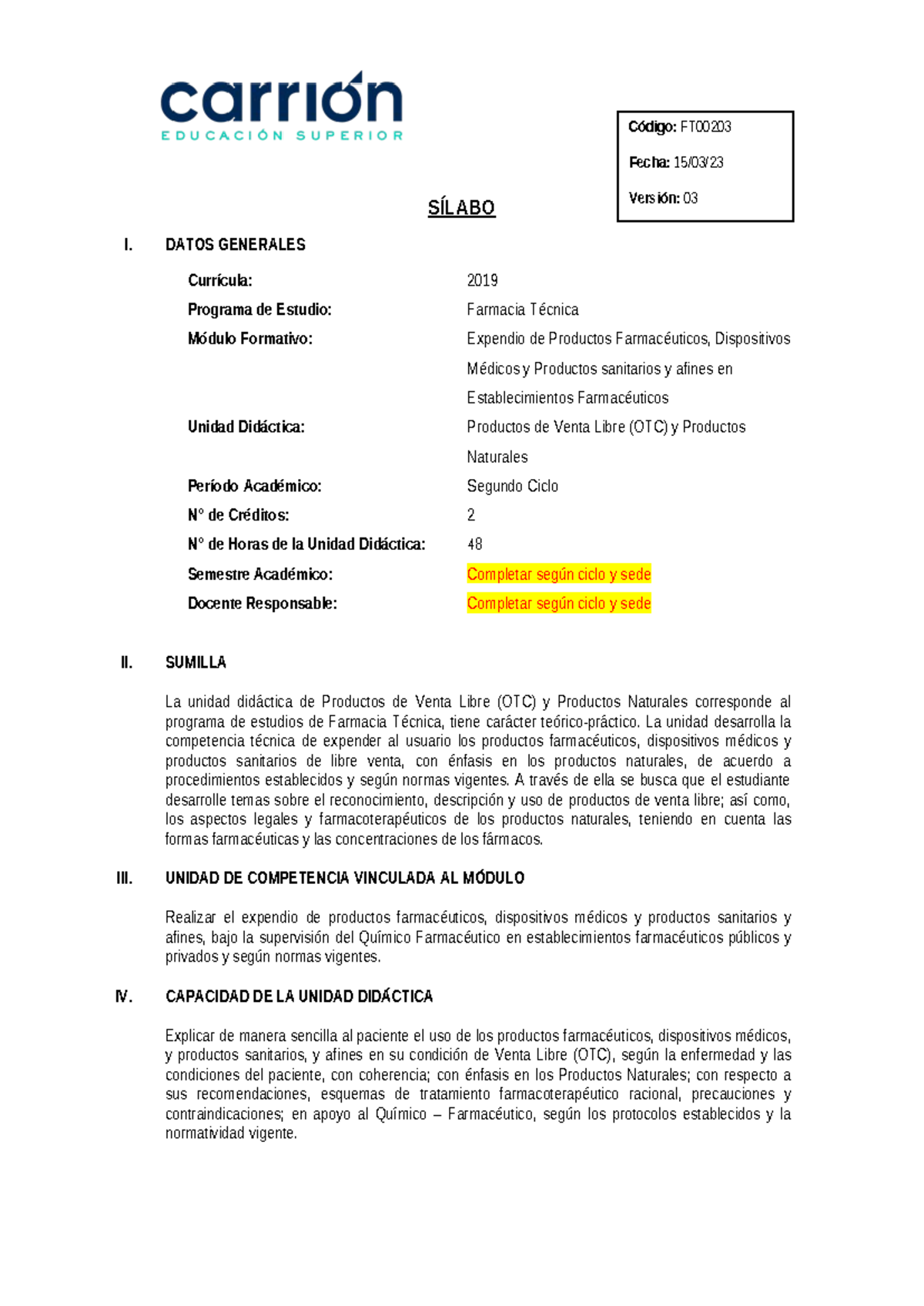 Sílabo 2024 FT: Unidad Didáctica en Salud y Productos de Venta Libre (OTC) - Document Preview