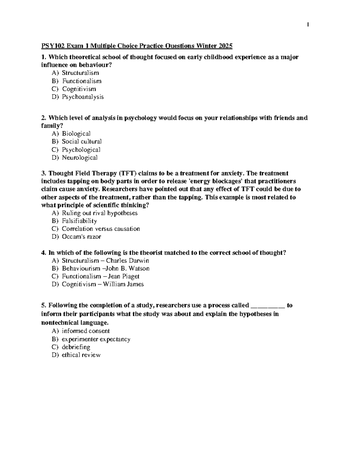 PSY102 Midterm 1 Practice Questions for Winter 2025 - Studocu