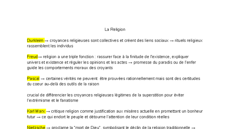 La Religion - Fiche de Philosophie (PHI 101) - Studocu
