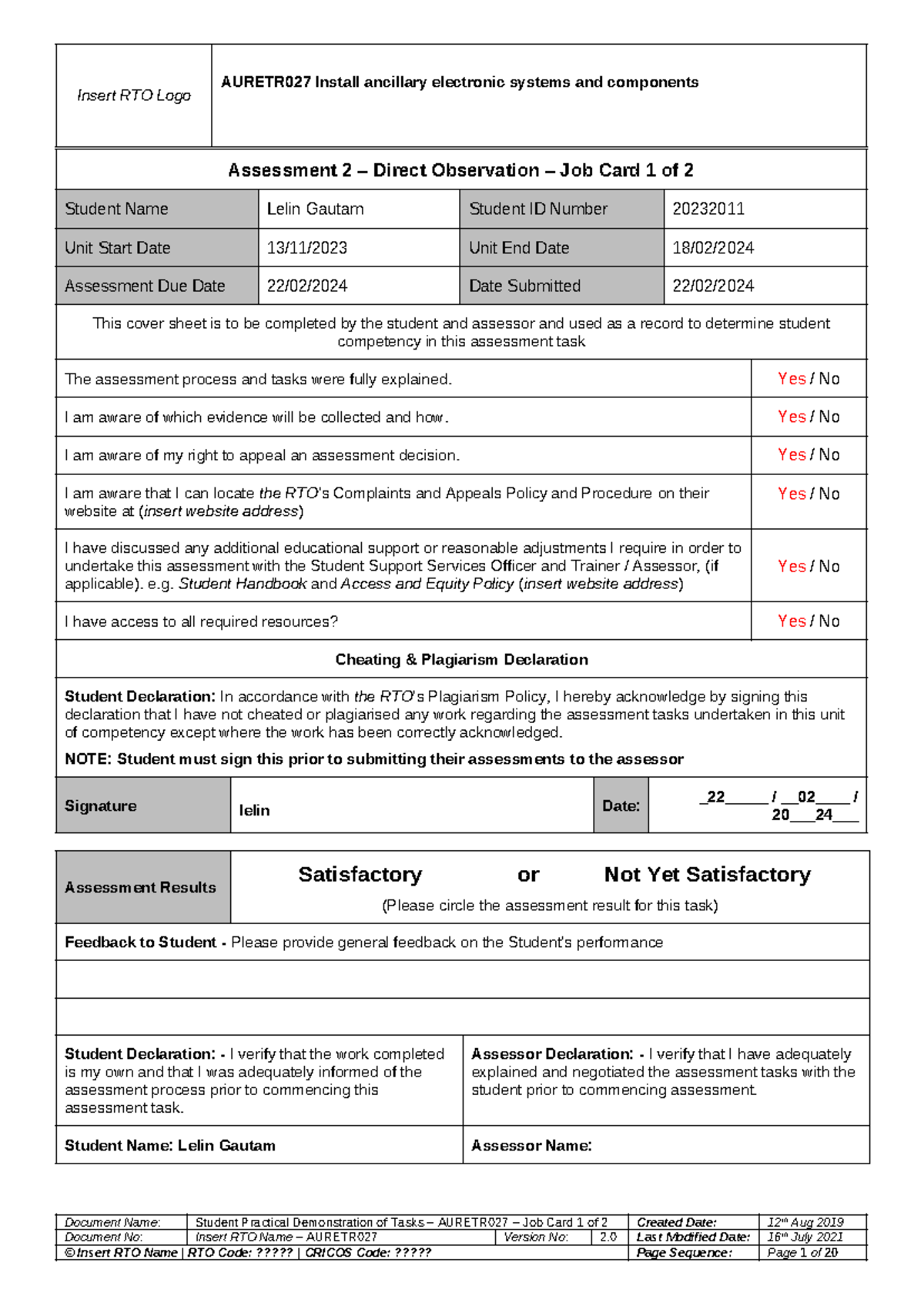 AURETR027 Practical Assessment: Install Ancillary Electronic Systems ...