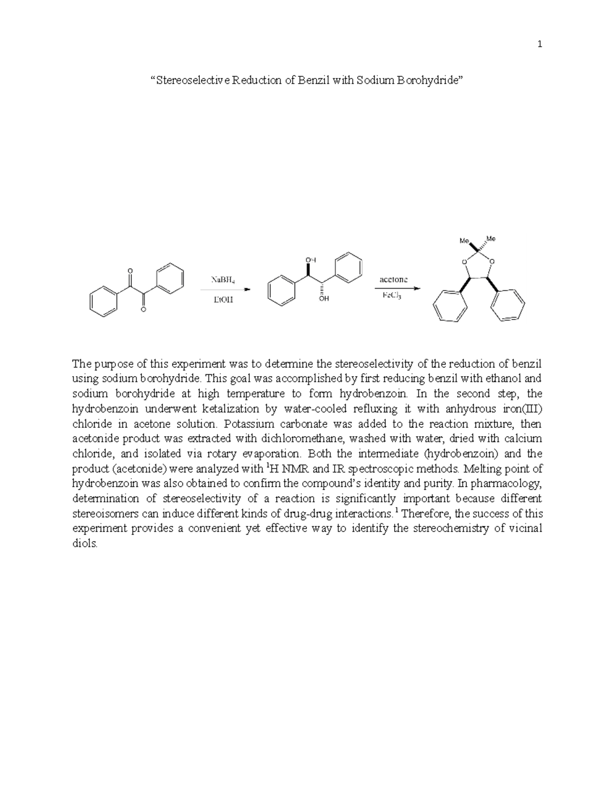 Stereoselective Reduction of Benzil to Hydrobenzoin and Acetonide - Studocu