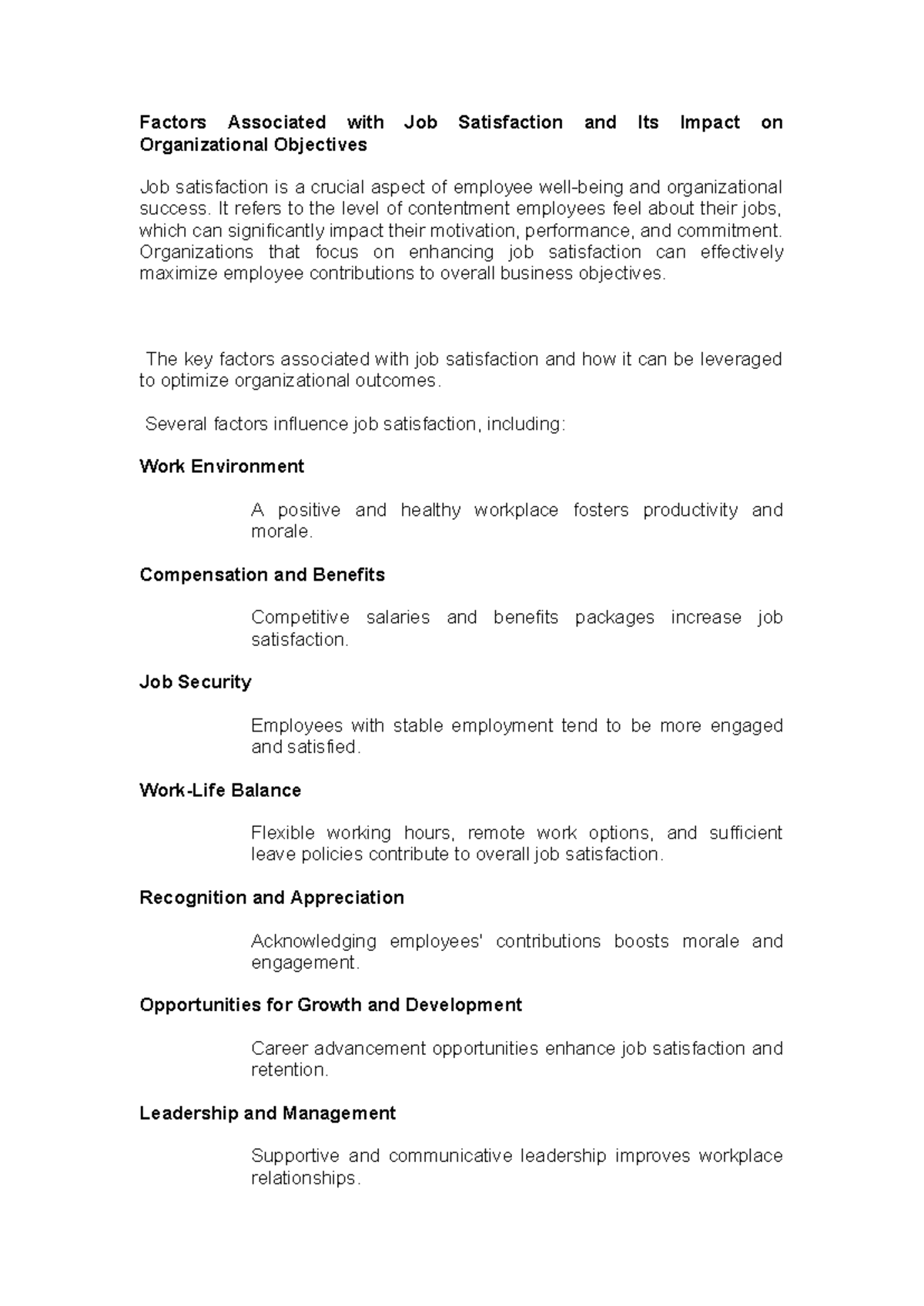 Factors Influencing Job Satisfaction and Organizational Success - Studocu