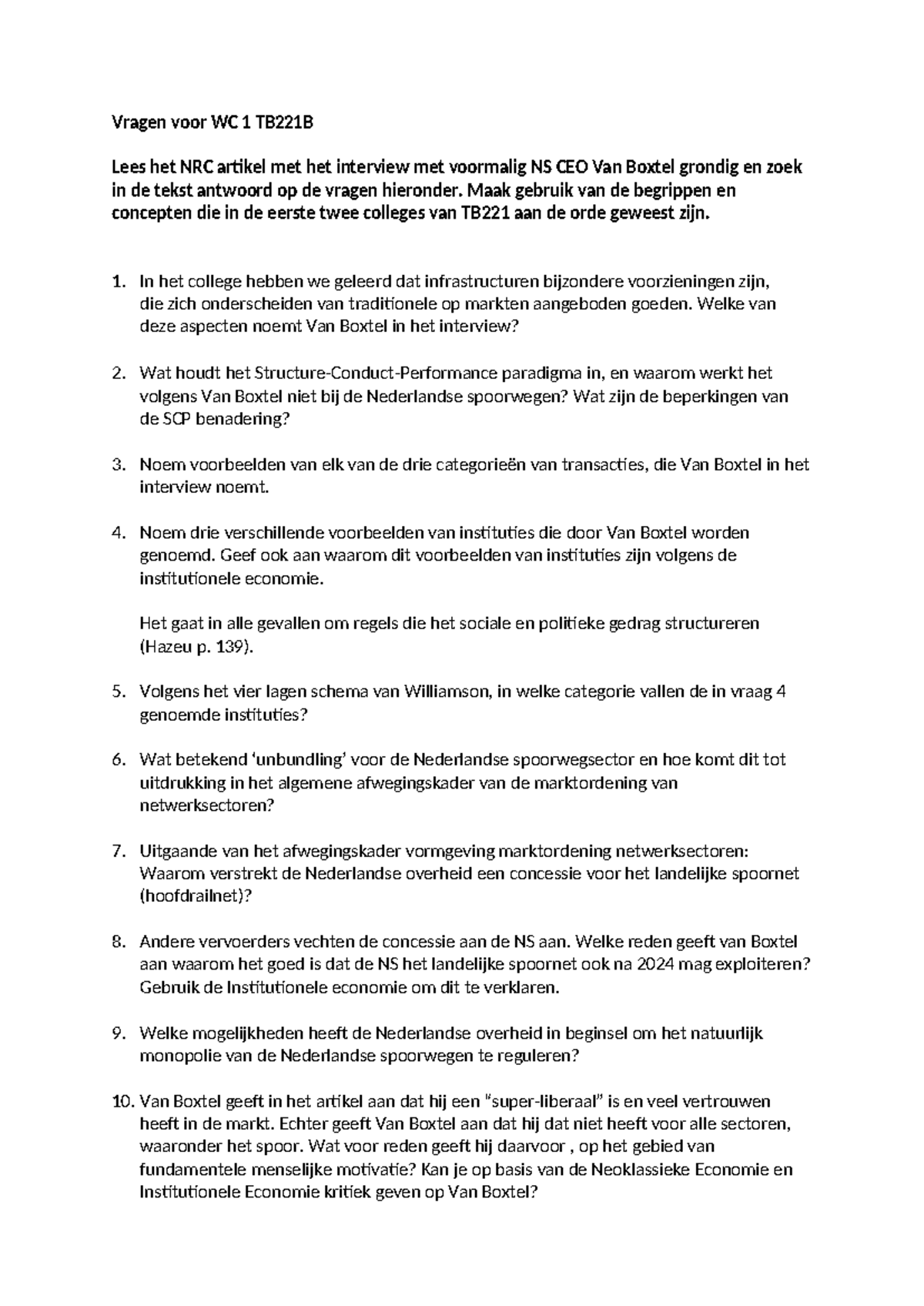 Werkcollege 1 TB221B: Vragen over NRC Interview Van Boxtel - Studeersnel