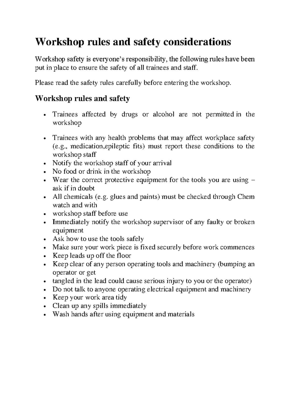 Workshop Safety Rules and Guidelines for Trainees - Studocu