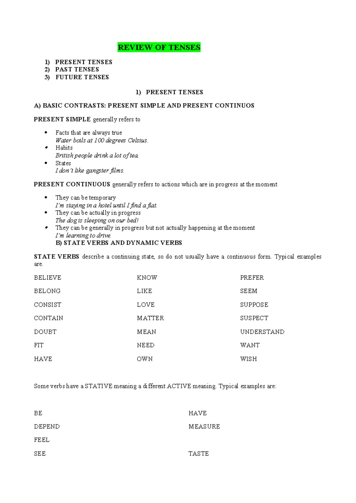 REVIEW OF ENGLISH TENSES: PRESENT, PAST, AND FUTURE (ENG 101) - Studocu