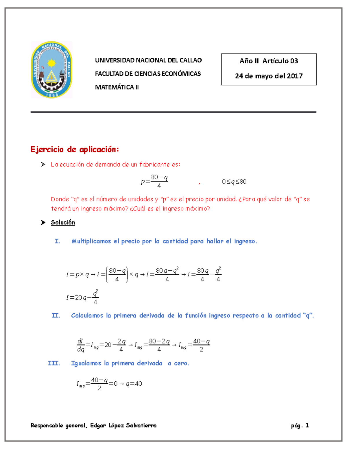 Tarea II - Mate II - Maximización de Ingresos con Prof. López - Document Preview