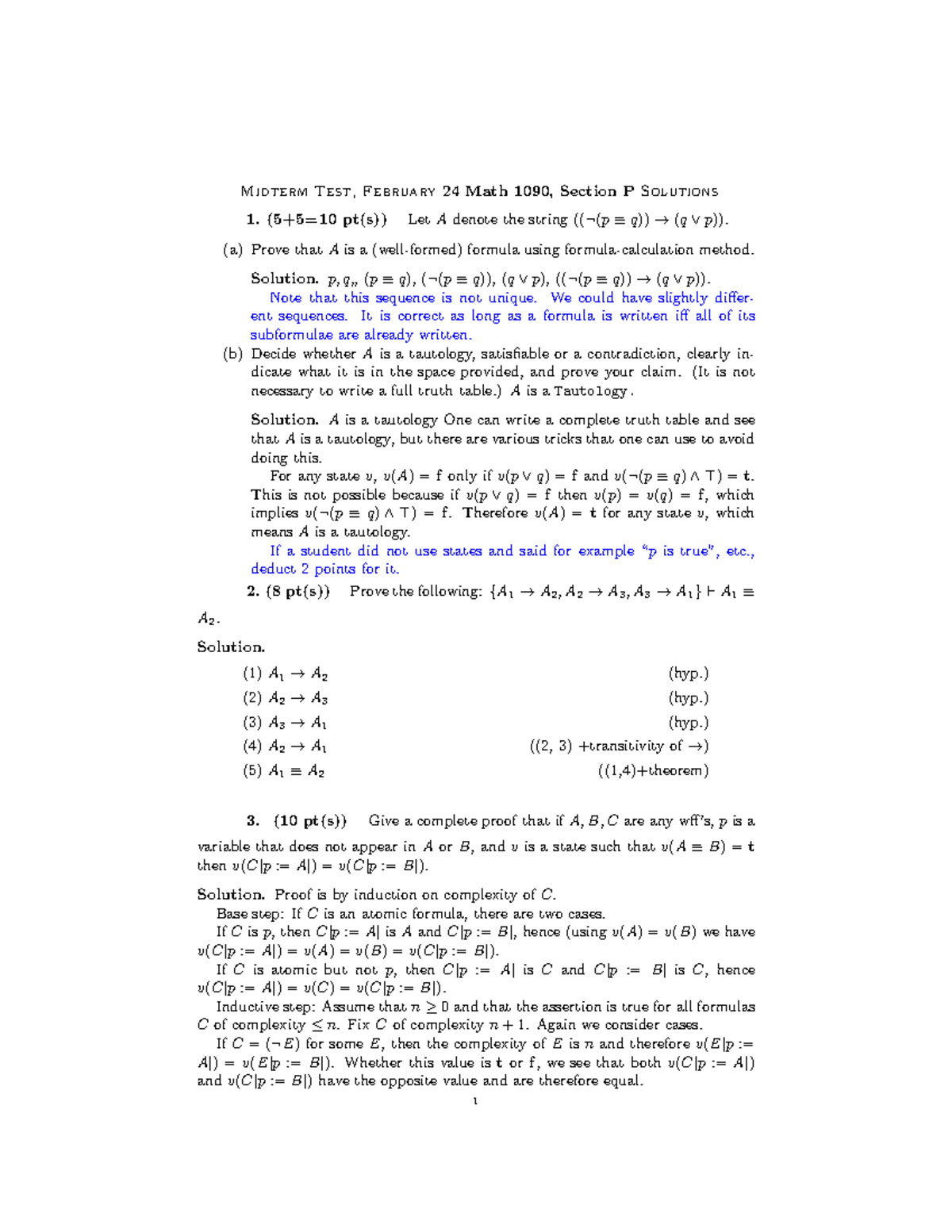 Midterm Test Solutions for Math 1090, Section P - Feb 24 - Studocu
