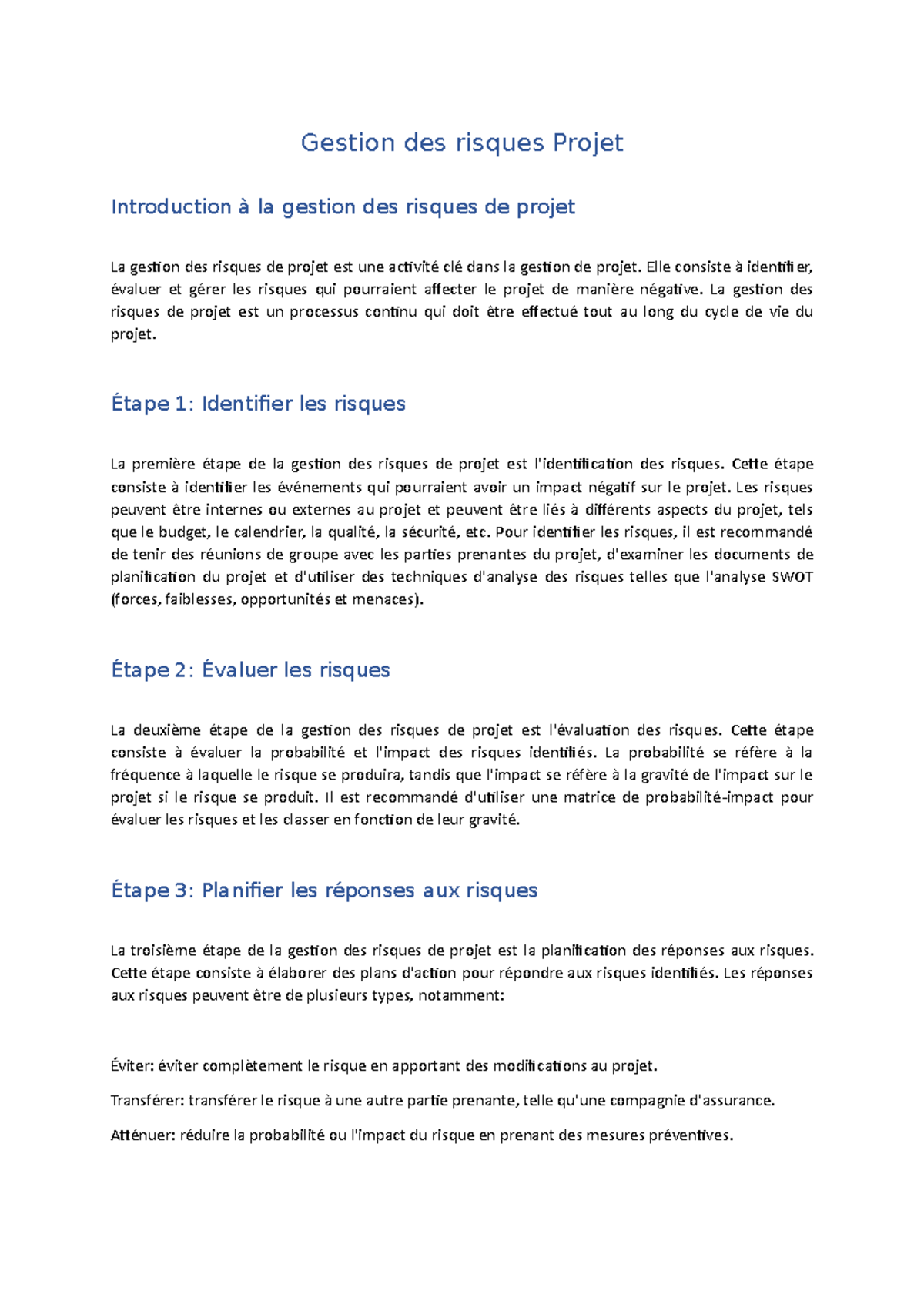 Gestion des risques Projet - Gestion des risques Projet Introduction à ...