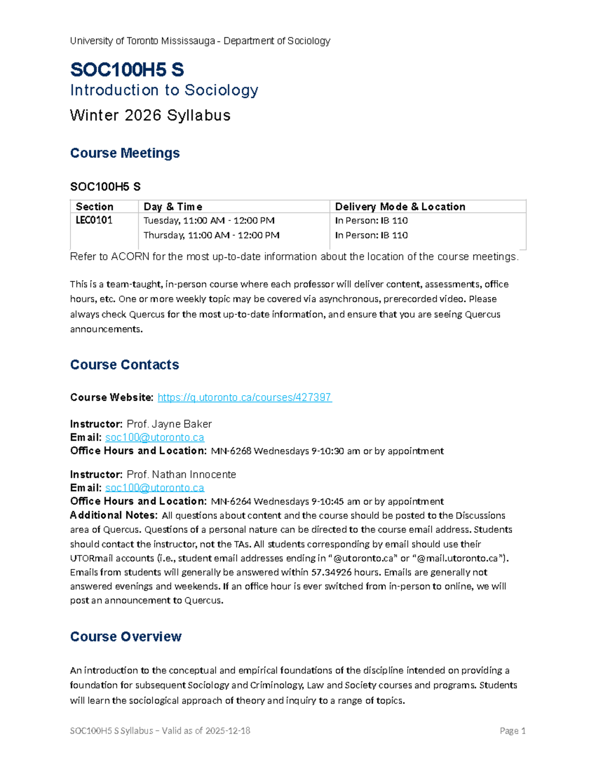 SOC100H5 S Winter 2026 Introduction to Sociology Syllabus - Studocu