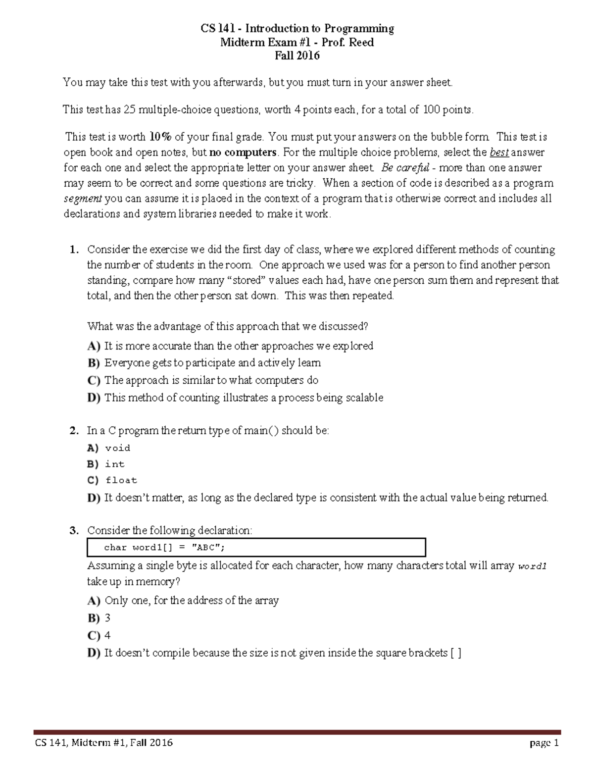 CS 141 - Midterm Exam 1 Practice Questions - Fall 2016 - Studocu