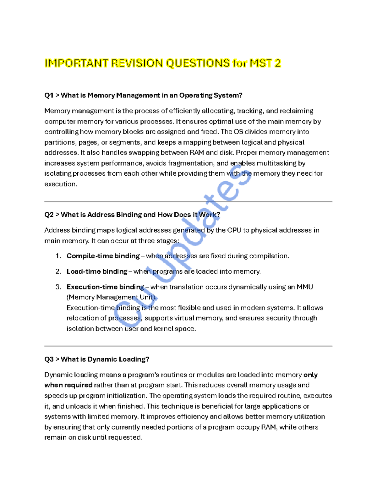 Important Revision Questions for MST 2: Memory Management Concepts ...