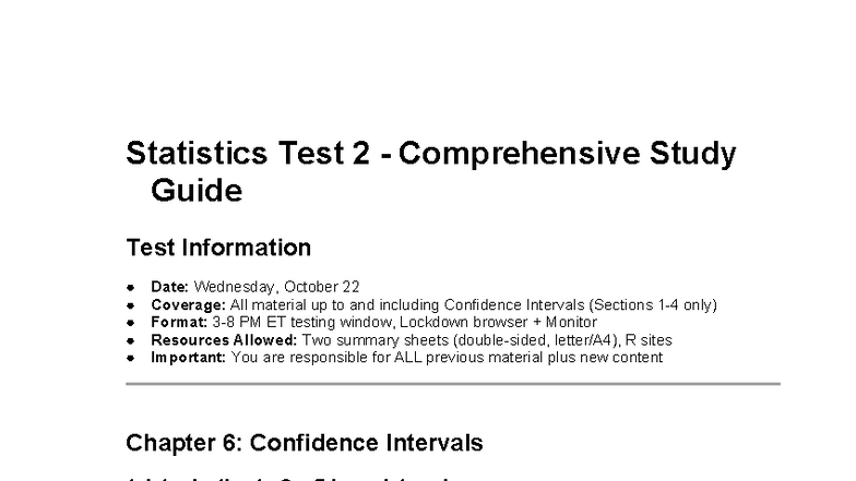 Statistics Test 2 - Comprehensive Study Guide on Confidence Intervals ...