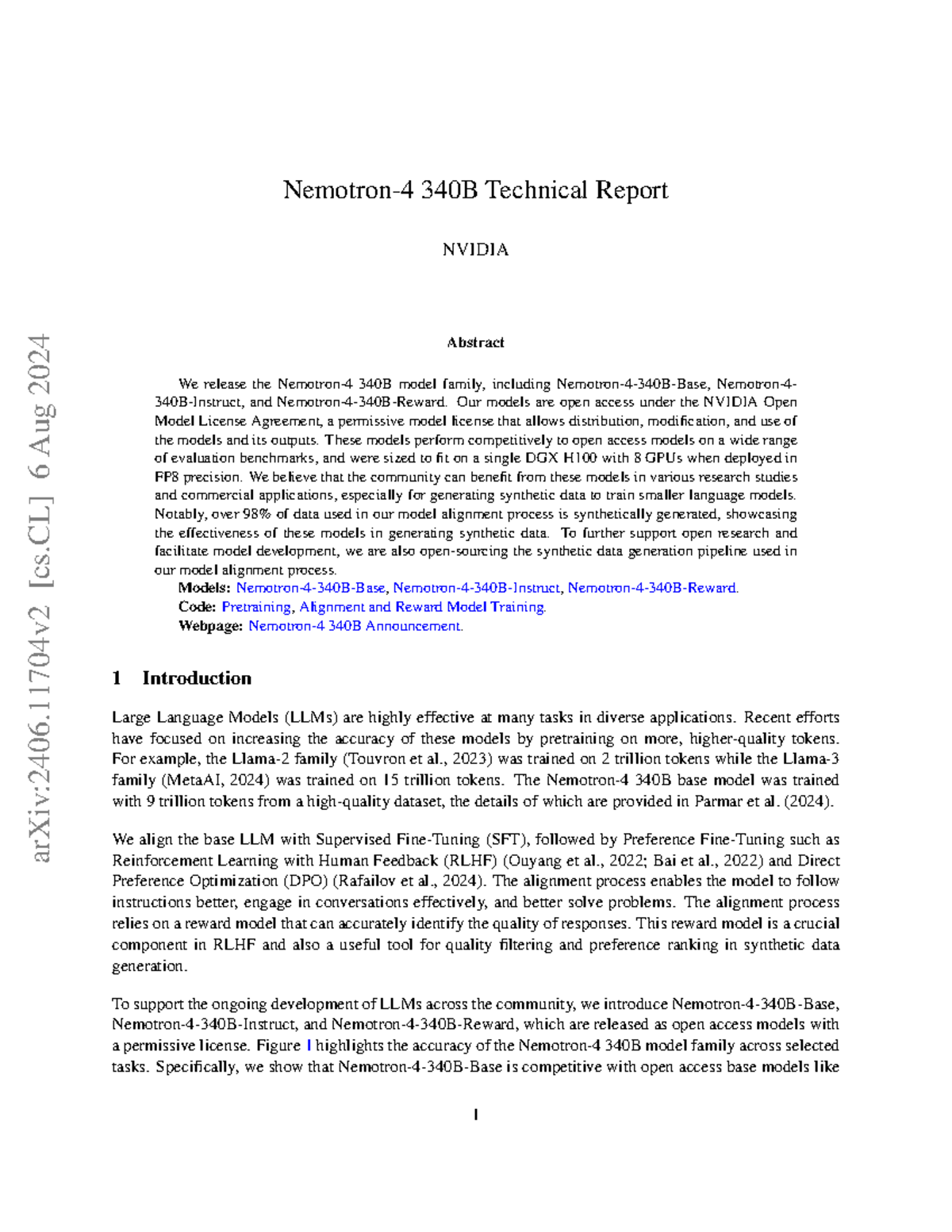2406 - Nemotron-4 340B Technical Report: Model Overview & Evaluation ...