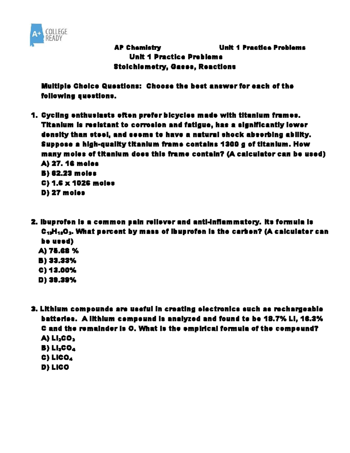 AP Chemistry Unit 1 Practice Problems: Stoichiometry & Reactions Review ...