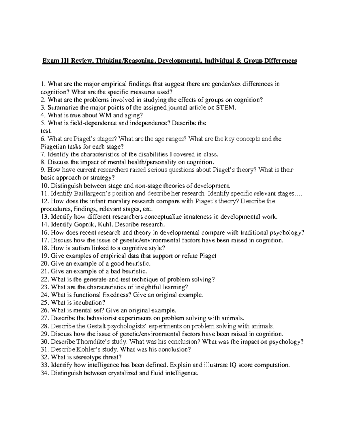 Review for exam 3 - Exam III Review, Thinking/Reasoning, Developmental ...