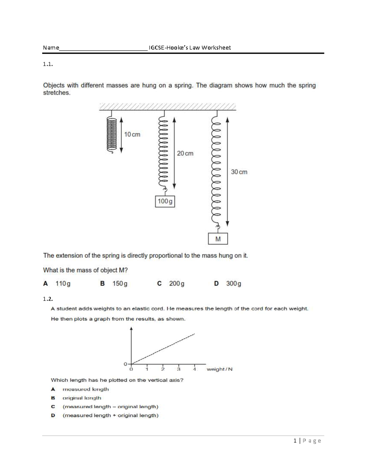 Igcse physics hookes law worksheet - IGCSE Physics - Name ...