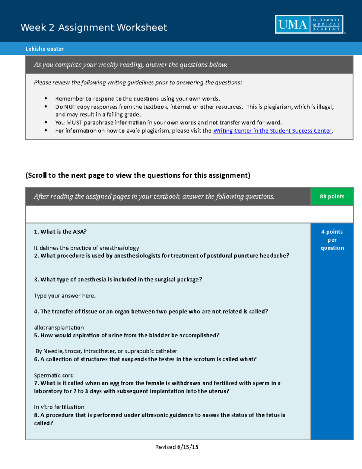 ME2410 Week 2 Assignment Worksheet for Anesthesiology Study - Studocu