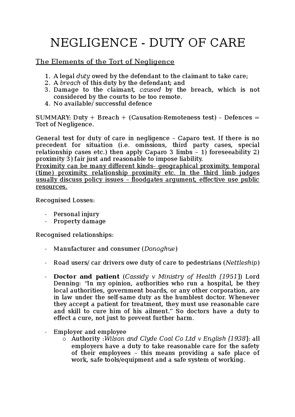 DUTY OF CARE (Negligence Law) - Summary of Key Elements and Tests - Studocu