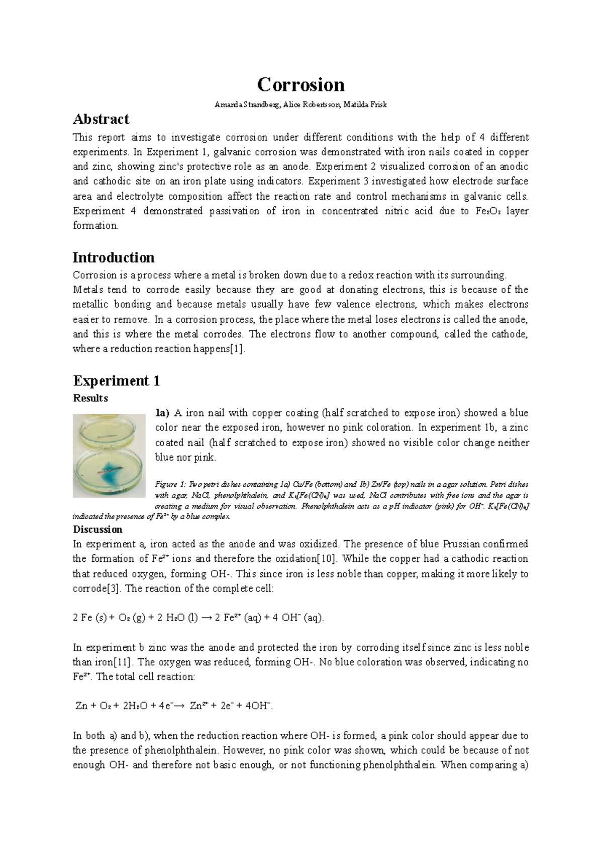 Lab Report: Corrosion Experiments (Inorganic Chemistry VT2025) - Studocu