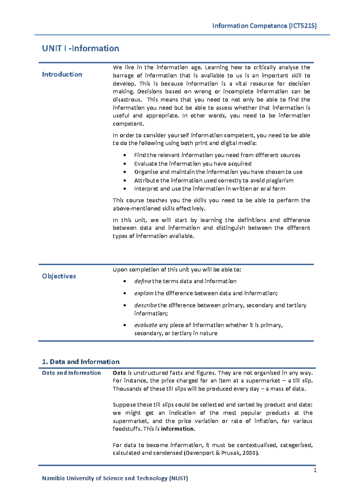 ICT521S - Unit 1 Study Notes: Understanding Data and Information - Studocu