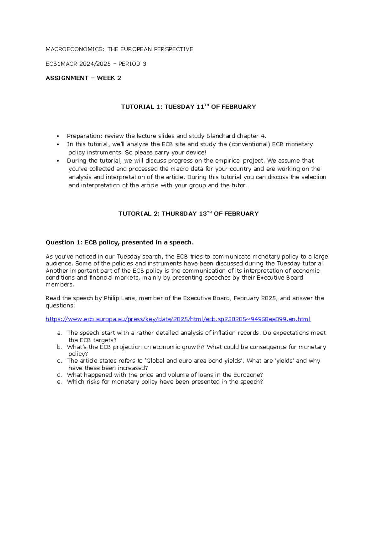 ECB1MACR 2024-25 Assignment - Week 2 Tutorial Overview - Studeersnel