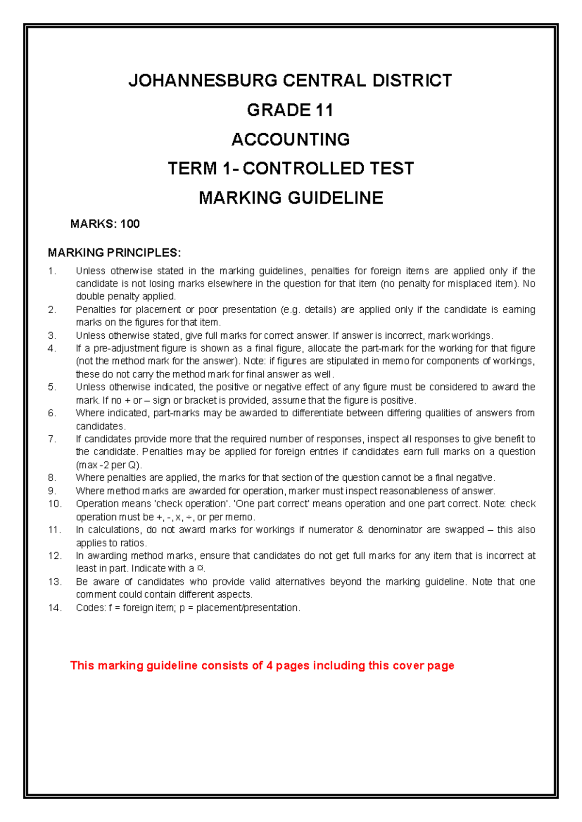 Grade 11 Accounting Term 1 Test Marking Guidelines 2026 - Studocu