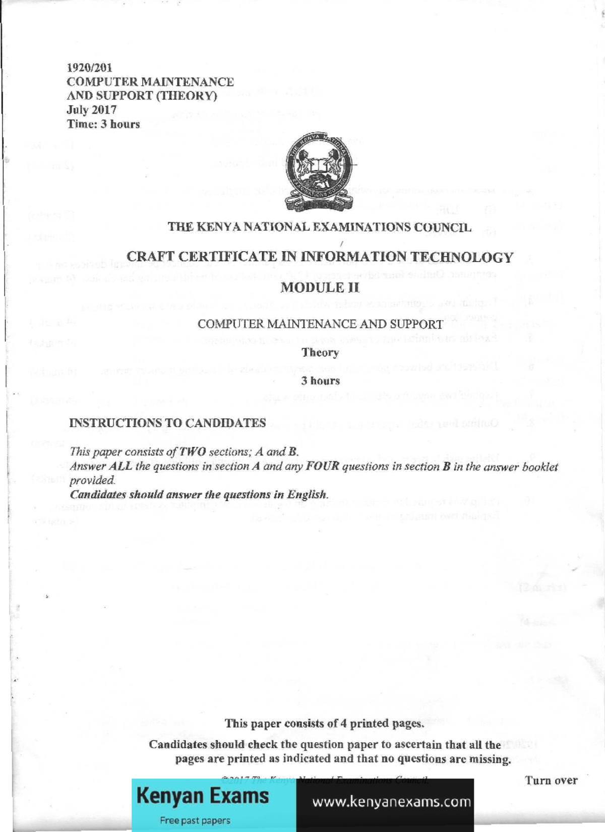 Computer Maintenance and Support Exam - July 2017, Module II - Studocu