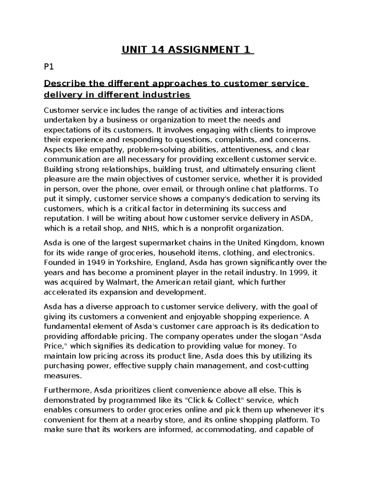 UNIT 14 Assignment 1: Customer Service Approaches in ASDA & NHS - Studocu