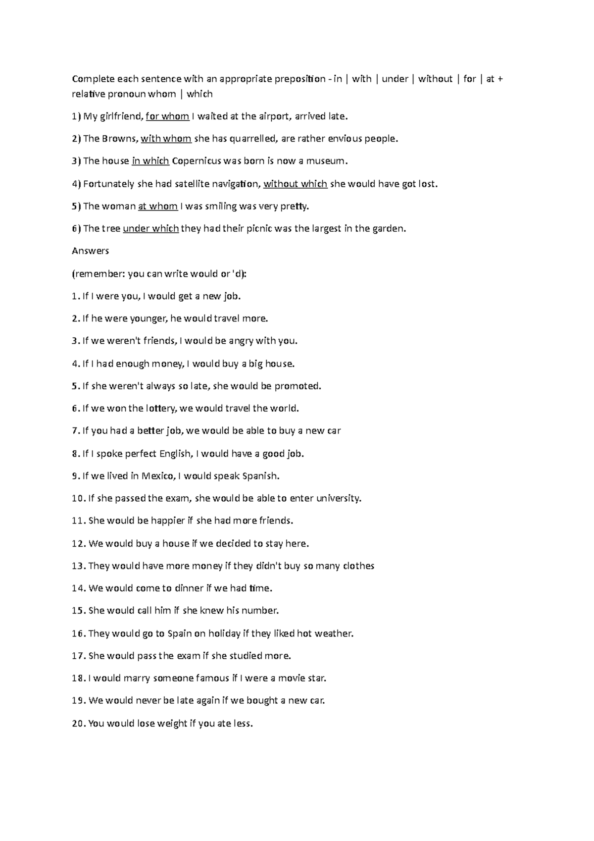 Preposition and Second Conditional Practice Exercises - Studocu
