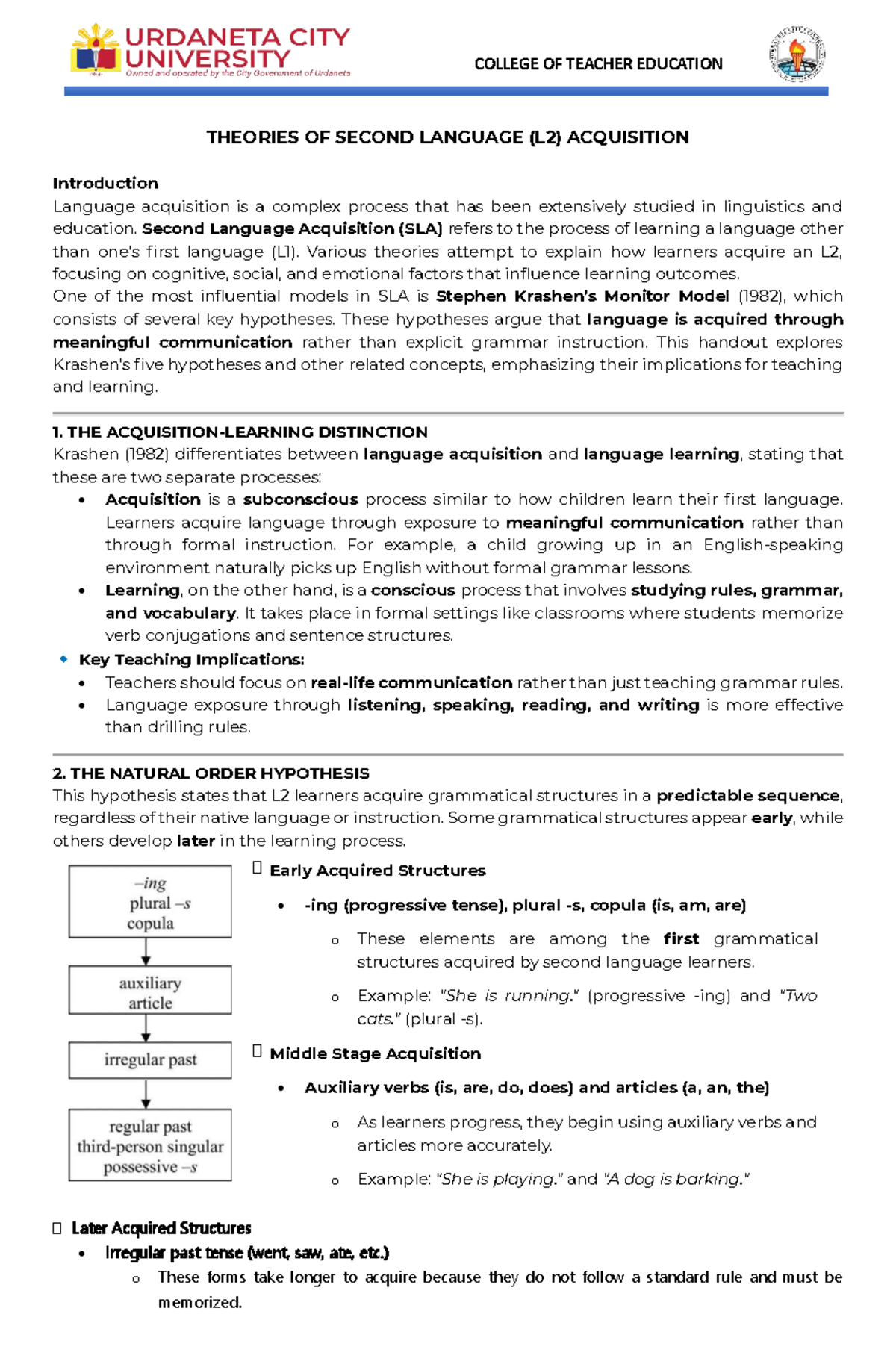 01 Midterm handout - Theories of second language acquisition - Studocu