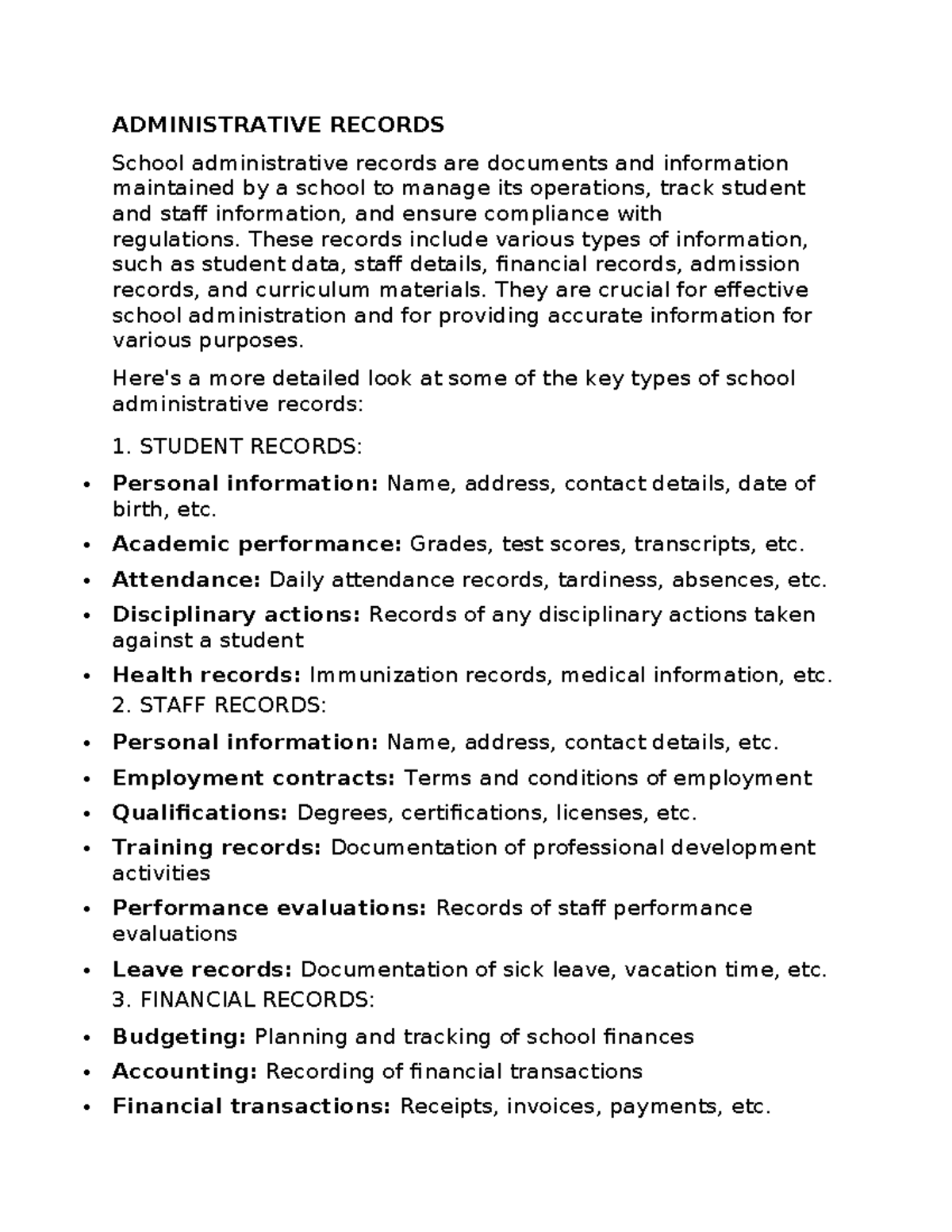 ADMINISTRATIVE RECORDS: Key Types and Importance in Schools - Studocu
