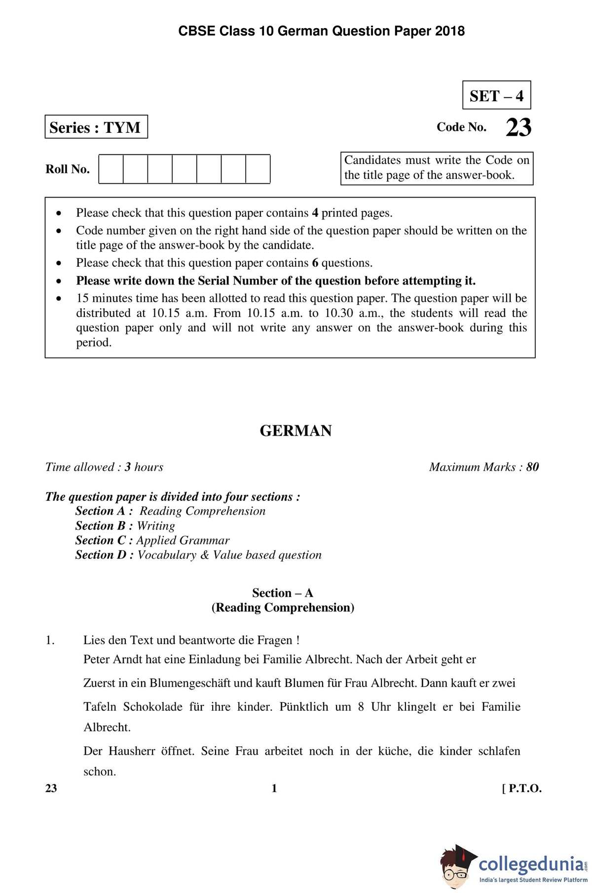 CBSE Class 10 German Question Paper 2018 3e12799 ...
