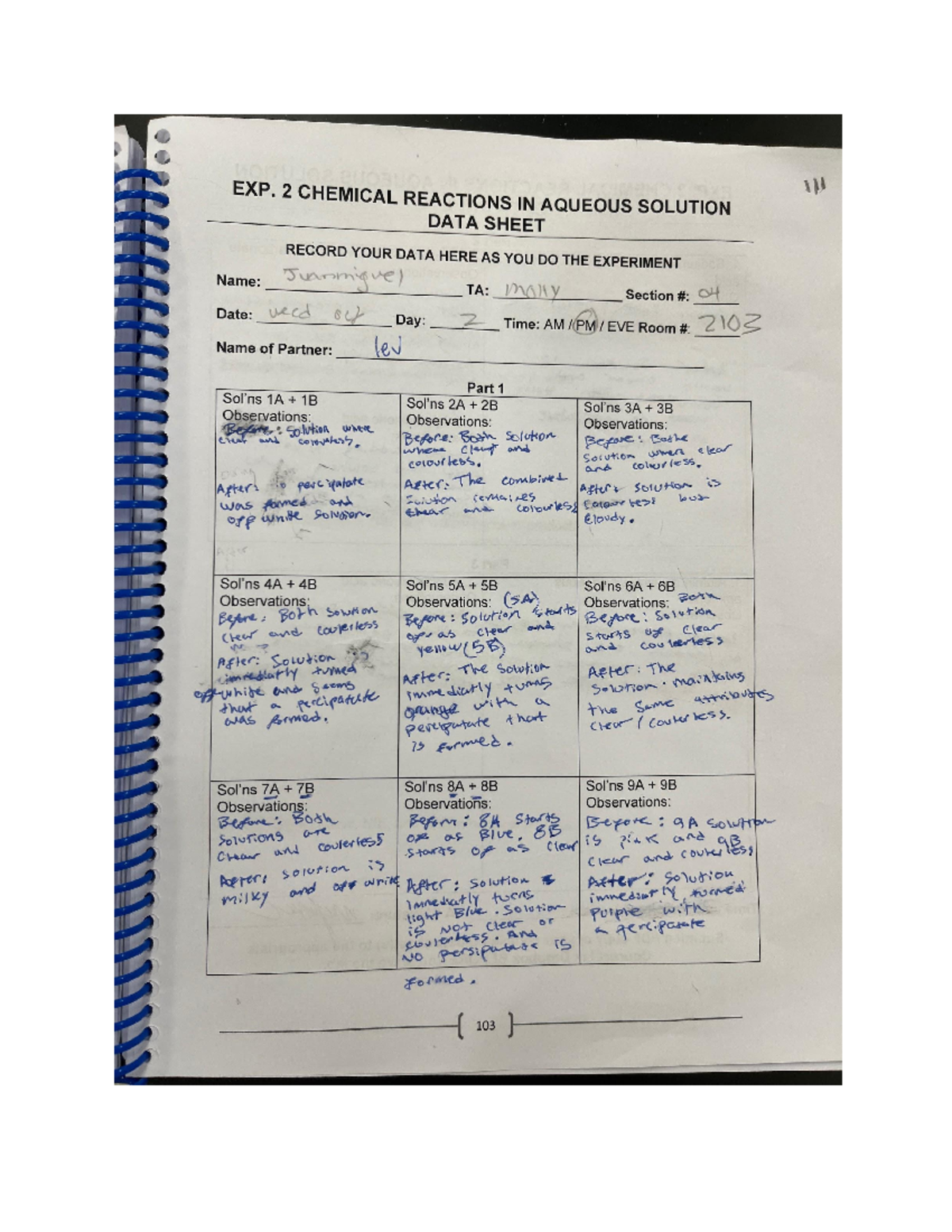 Chem lab 2 - chem lab - EXP. 2 CHEMICAL REACTIONS IN AQUEOUS SOLUTION ...