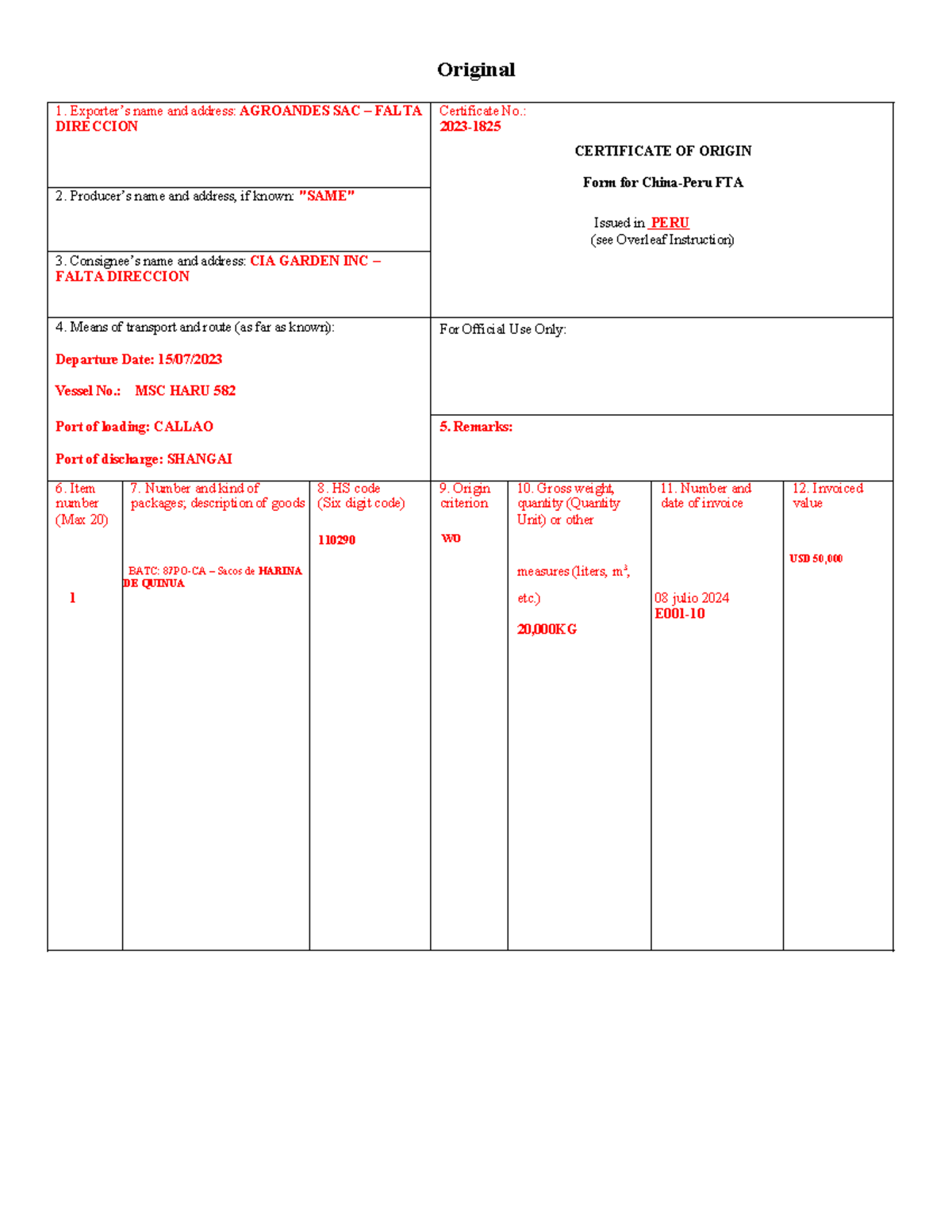 China-Peru FTA Certificate of Origin Template - Studocu