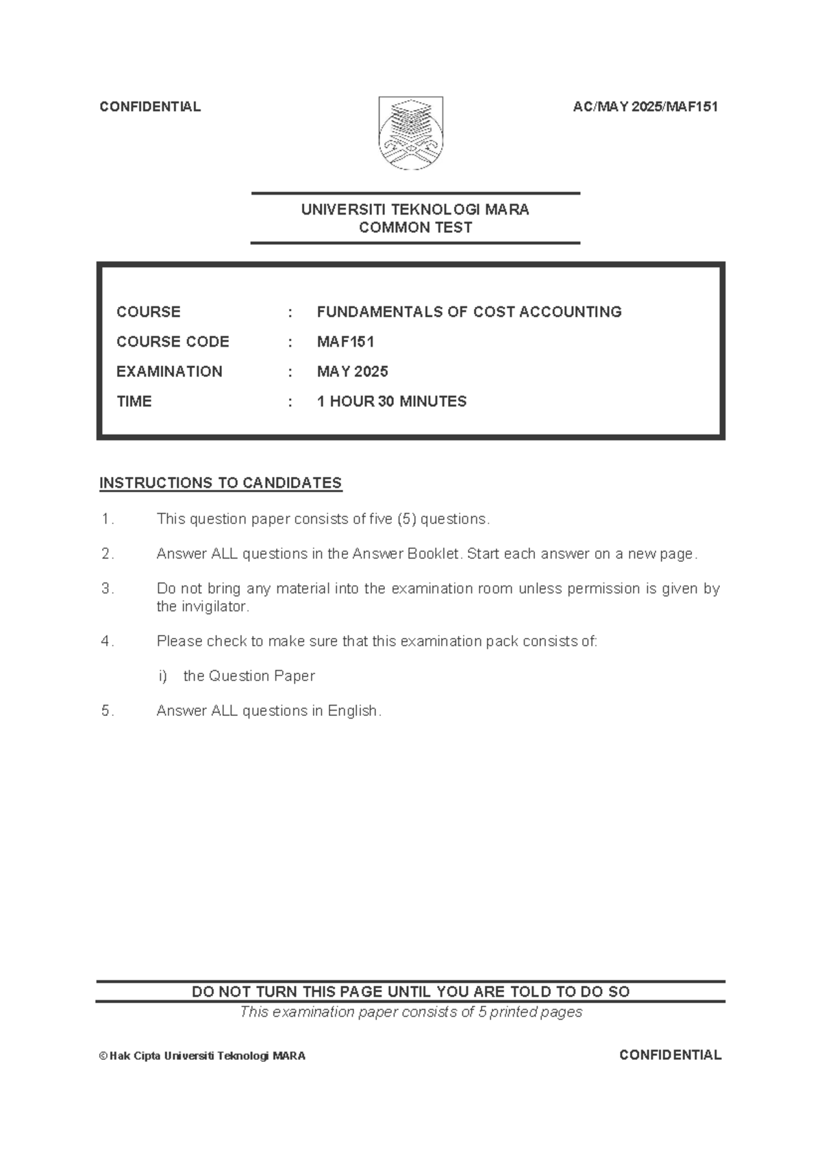 MAF151 Common Test May 2025 - Fundamentals of Cost Accounting Questions ...