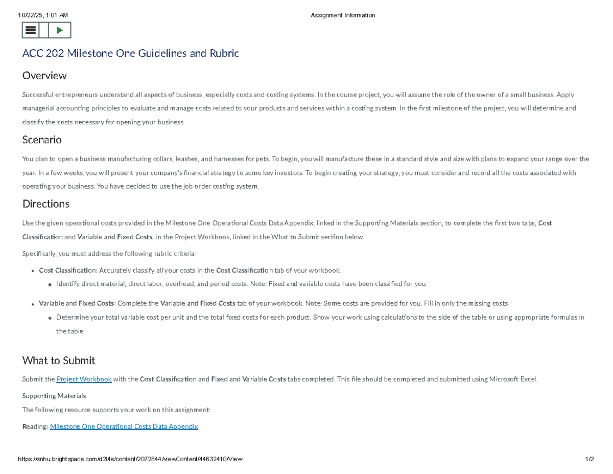 ACC 202 Milestone One: Cost Classification & Analysis Guidelines - Studocu