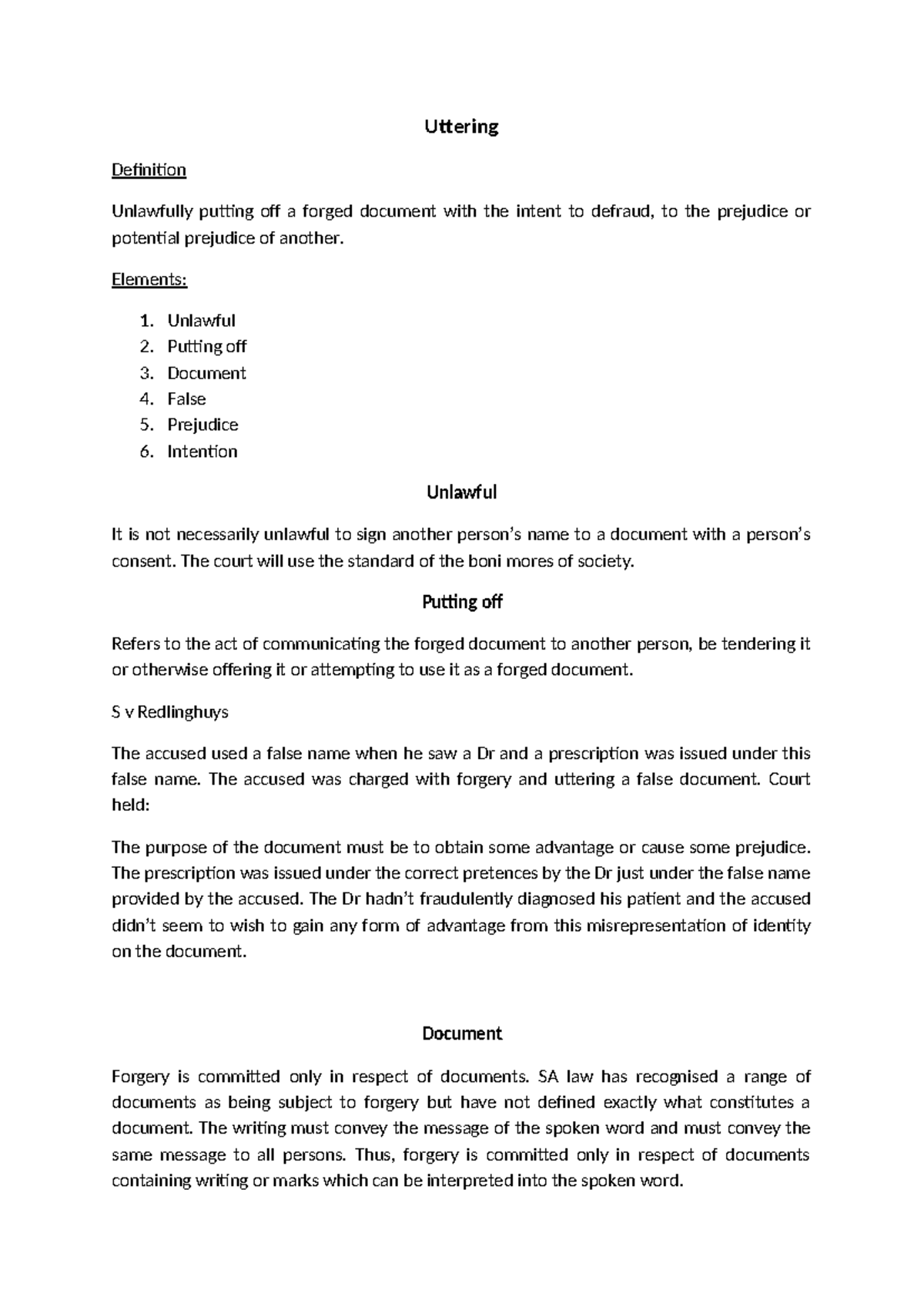 Uttering Law - Lecture Notes on Forged Documents (Law 201) - Studocu