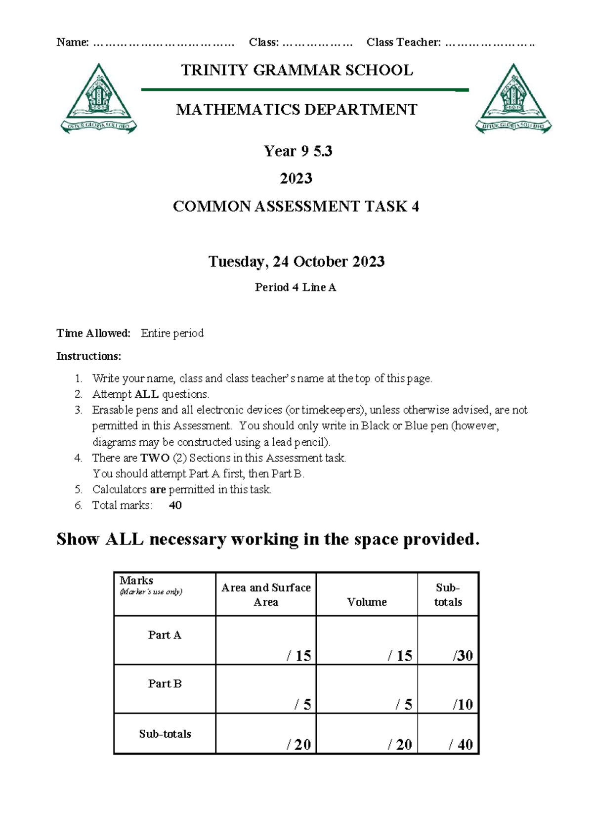 2023 09MA 5.3 Common Assessment Task 4 - Year 9 Mathematics - Studocu