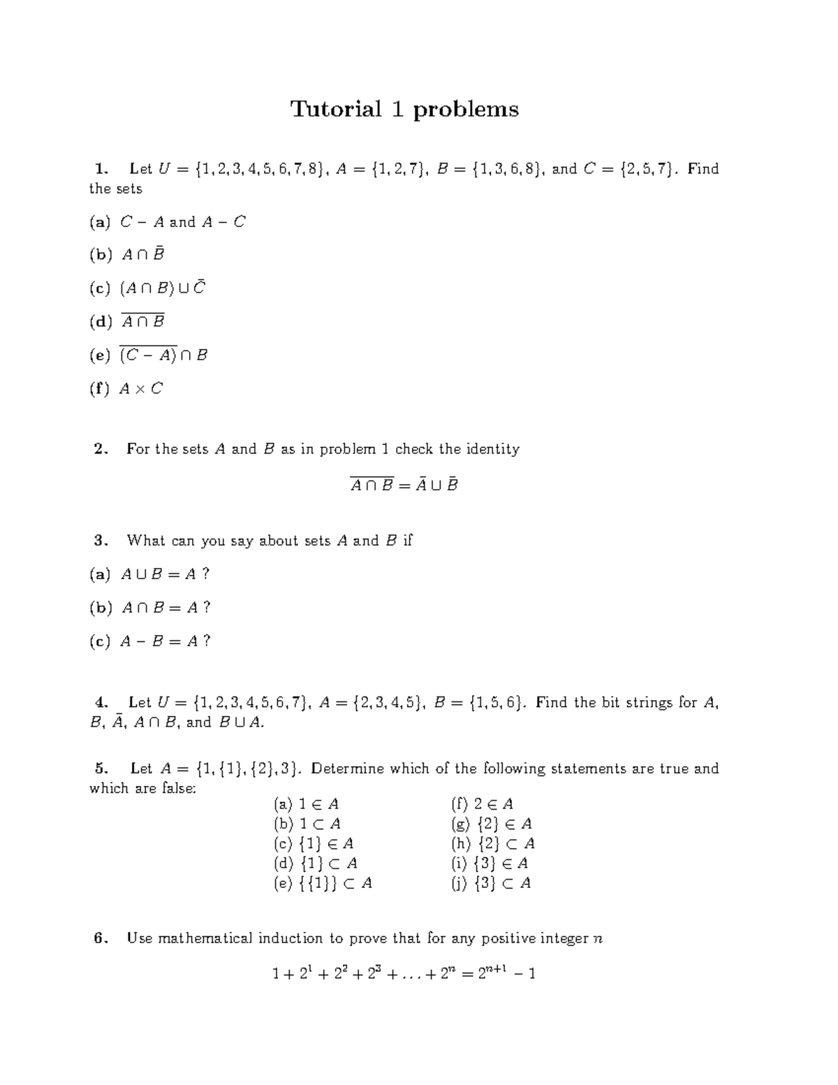 Tutorial 1 Problems and Solutions for Sets - 2026 - Studocu