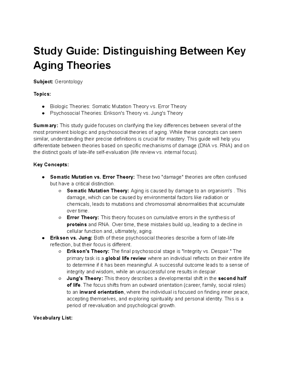 Study Guide: Key Aging Theories in Gerontology - Studocu