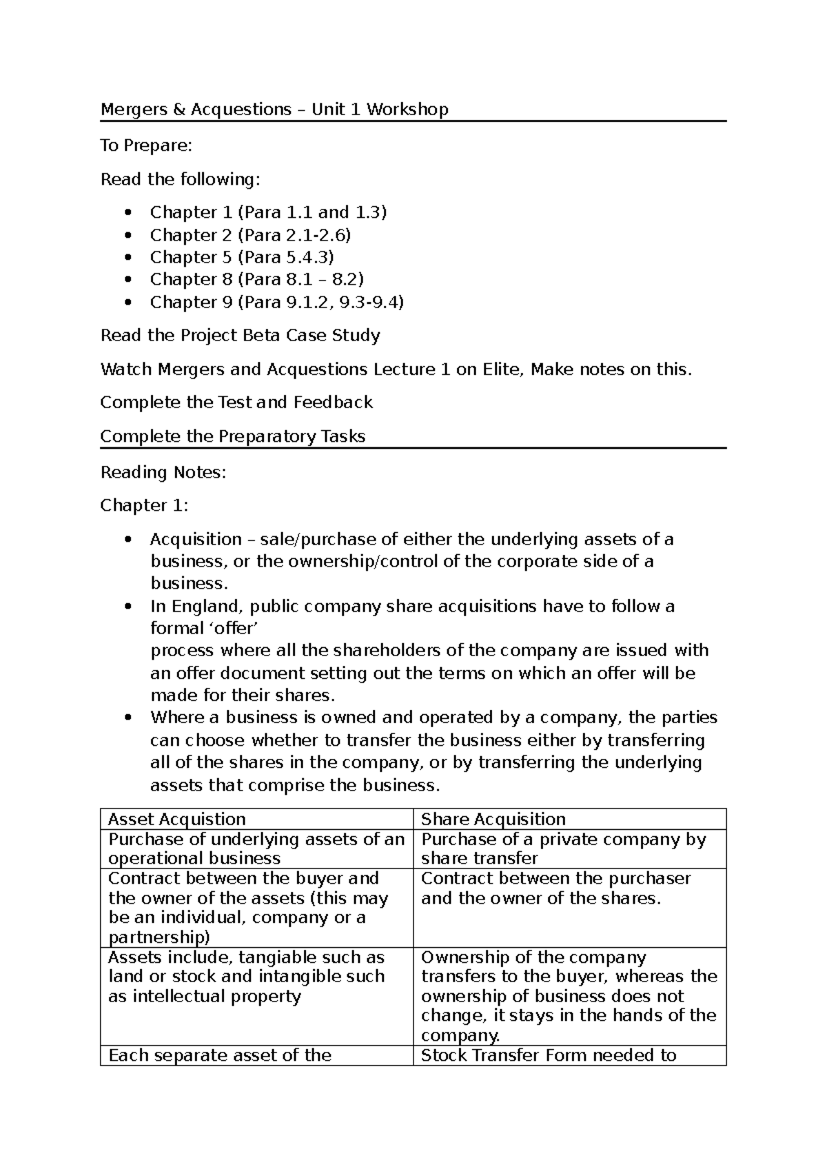 Mergers and Acquisitions Workshop 1 Notes - Mergers & Acquestions ...