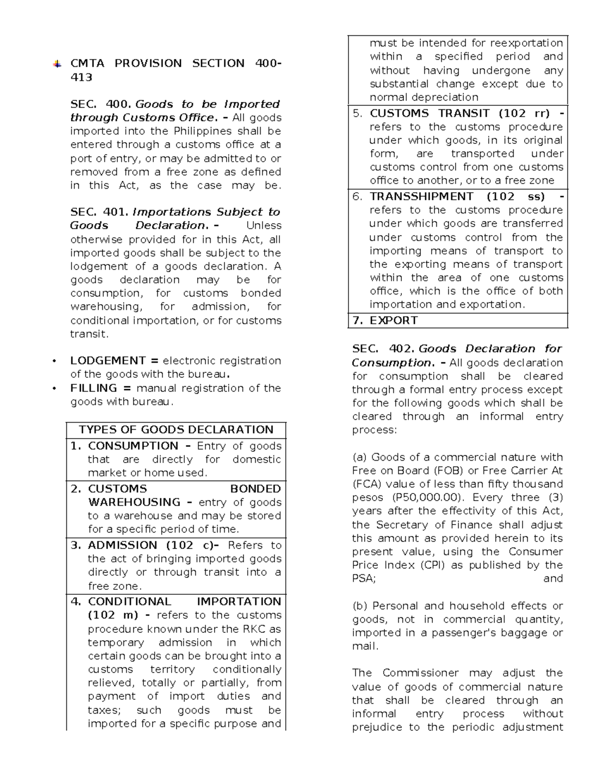 CM-104 Recitation: Overview of CMTA Provisions on Goods Declaration ...