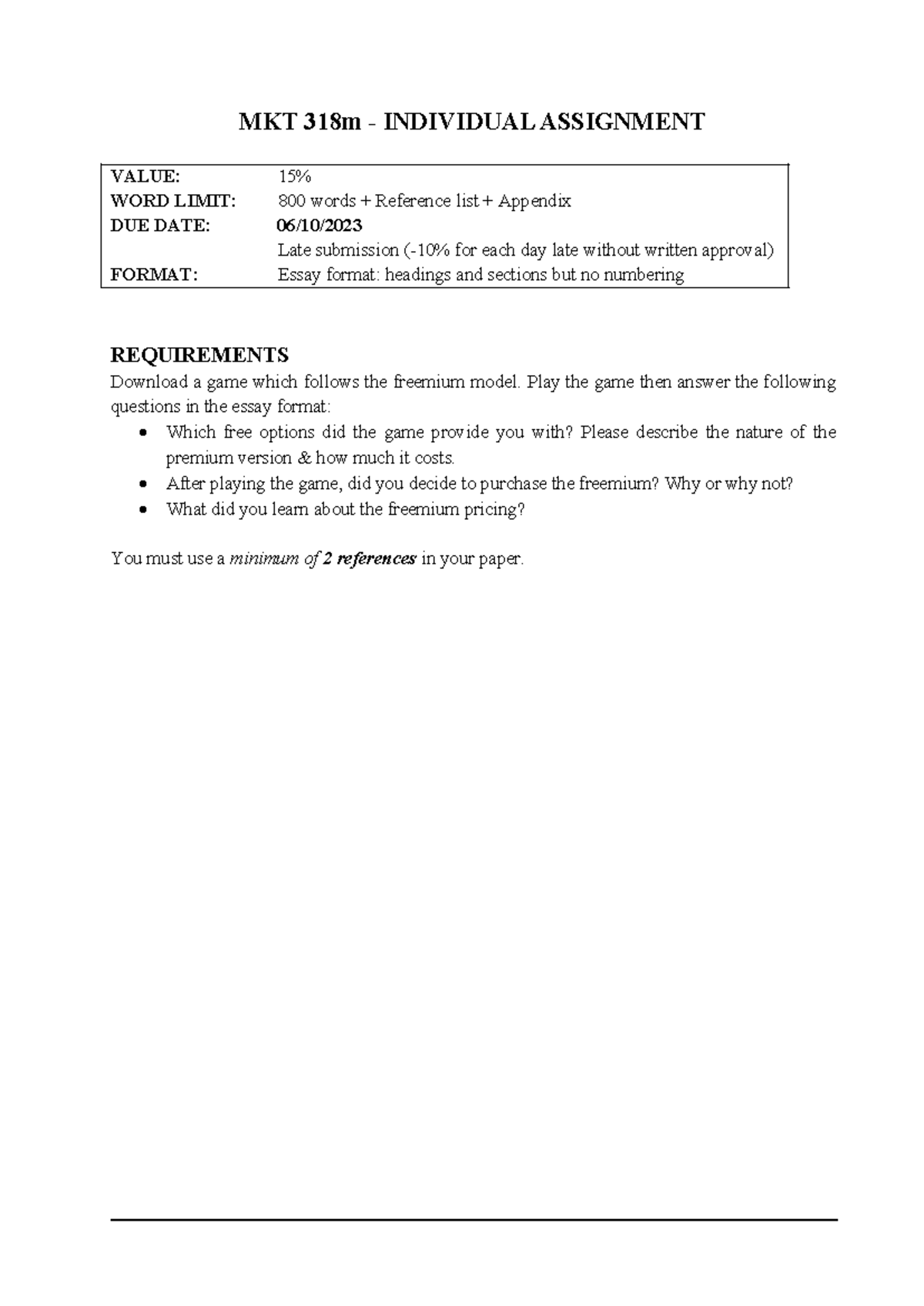 FA23 MKT318m Individual Assignment: Freemium Game Analysis Guidelines ...