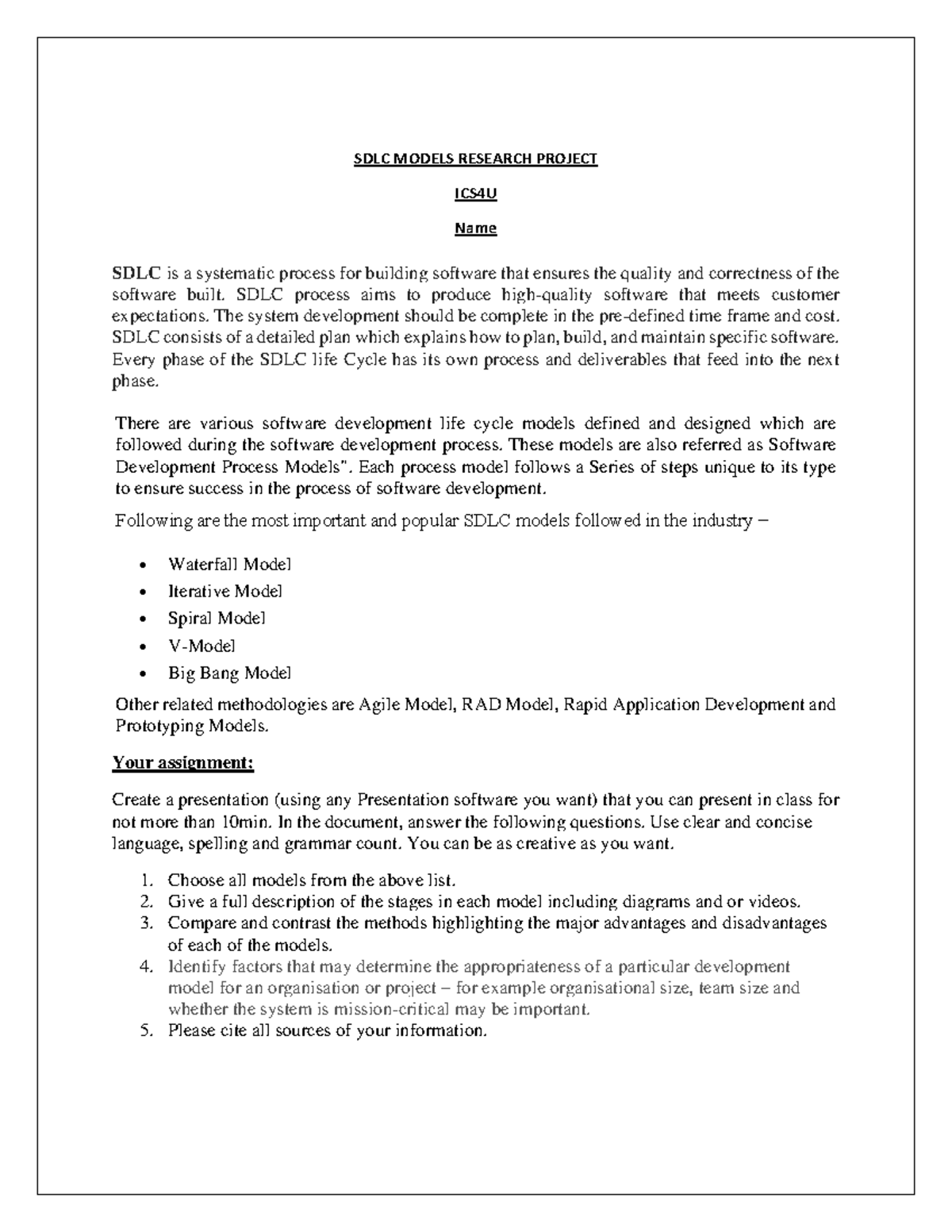 SDLC Models Research Project (ICS4U): A Comprehensive Overview - Studocu