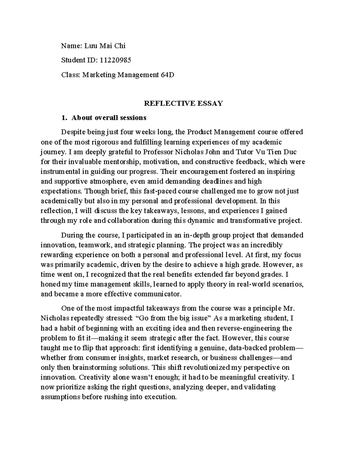 Marketing Management 64D: Reflective Essay on Product Management Course ...